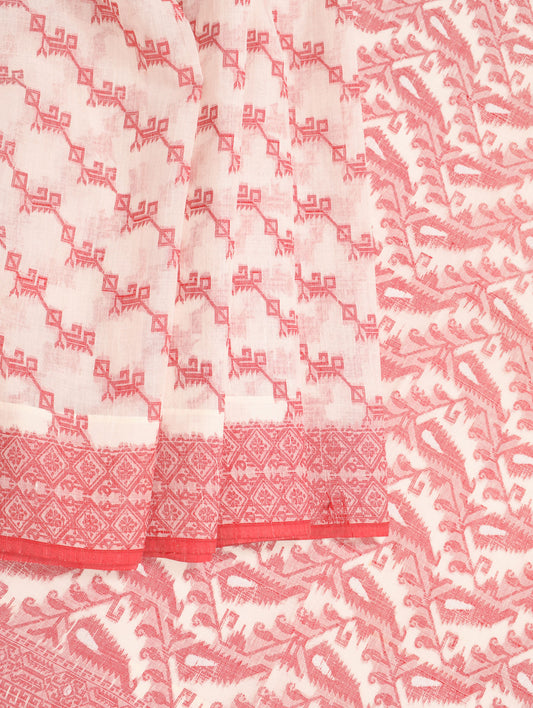 Sushila Vintage  Cream Red Saree Pure Cotton Dhakai Jamdani Woven Sari Fabric