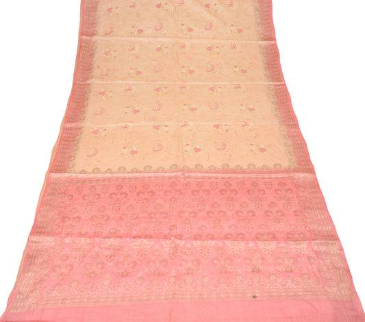 Sushila Vintage Beige Pink Saree Pure Tussar Silk Embroidered Sari Craft Fabric