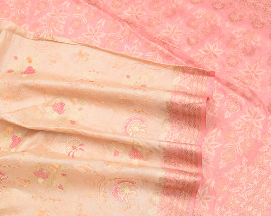 Sushila Vintage Beige Pink Saree Pure Tussar Silk Embroidered Sari Craft Fabric