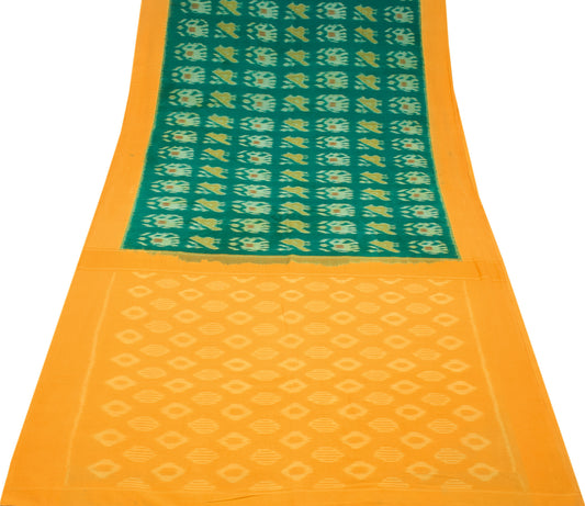 Sushila Vintage Green Yellow Saree Hand Woven Ikat Pure Cotton Sari Fabric
