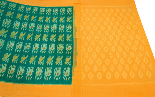 Sushila Vintage Green Yellow Saree Hand Woven Ikat Pure Cotton Sari Fabric