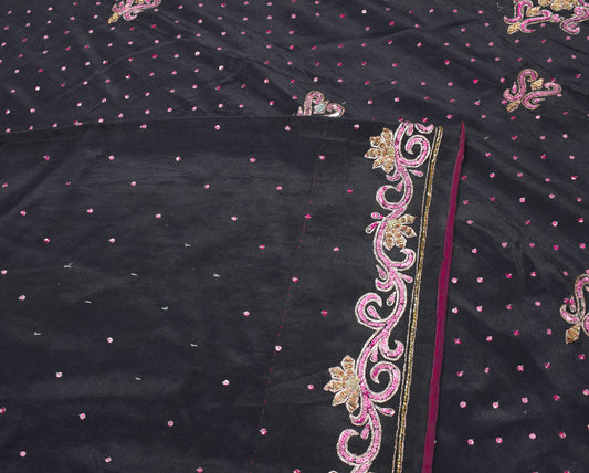 Sushila Vintage Black HEAVY Saree Pure Crepe Zari Sequins Embellish Sari Craft Fabric