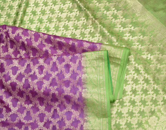 Sushila Vintage Purple Green Saree Floral Zari Woven Pure Tussar Silk Sari Craft Fabric