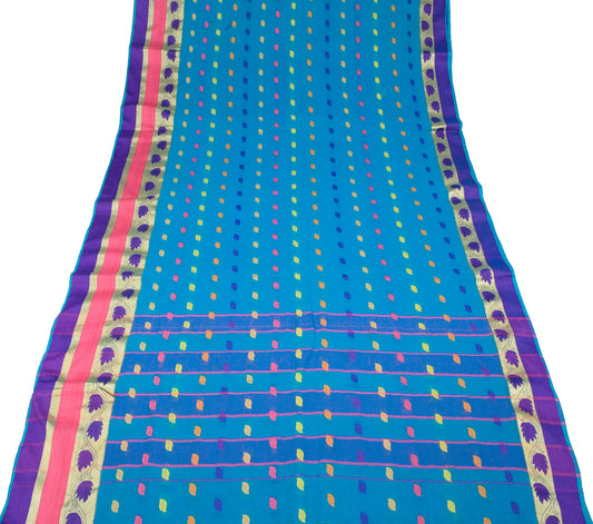 Sushila Vintage Turquoise Blue Saree Tant Woven Pure Cotton Sari Craft Fabric