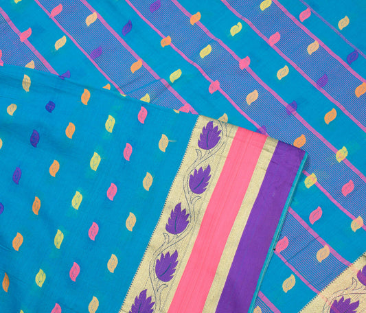 Sushila Vintage Turquoise Blue Saree Tant Woven Pure Cotton Sari Craft Fabric