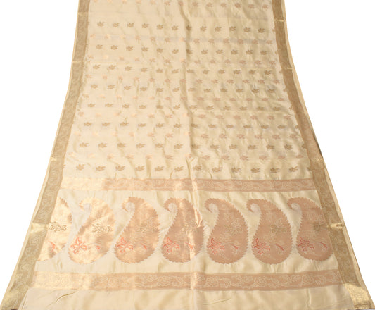 Sushila Vintage Kerala Kasavu Pure Silk Saree Gold Zari Brocade Beige Sari Fabric