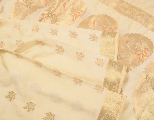 Sushila Vintage Kerala Kasavu Pure Silk Saree Gold Zari Brocade Beige Sari Fabric