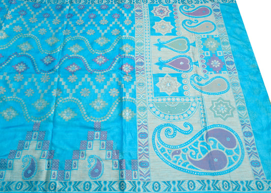Sushila Vintage Turquoise Blue Saree Woven Mirror Work Pure Tussar Sari Craft Fabric