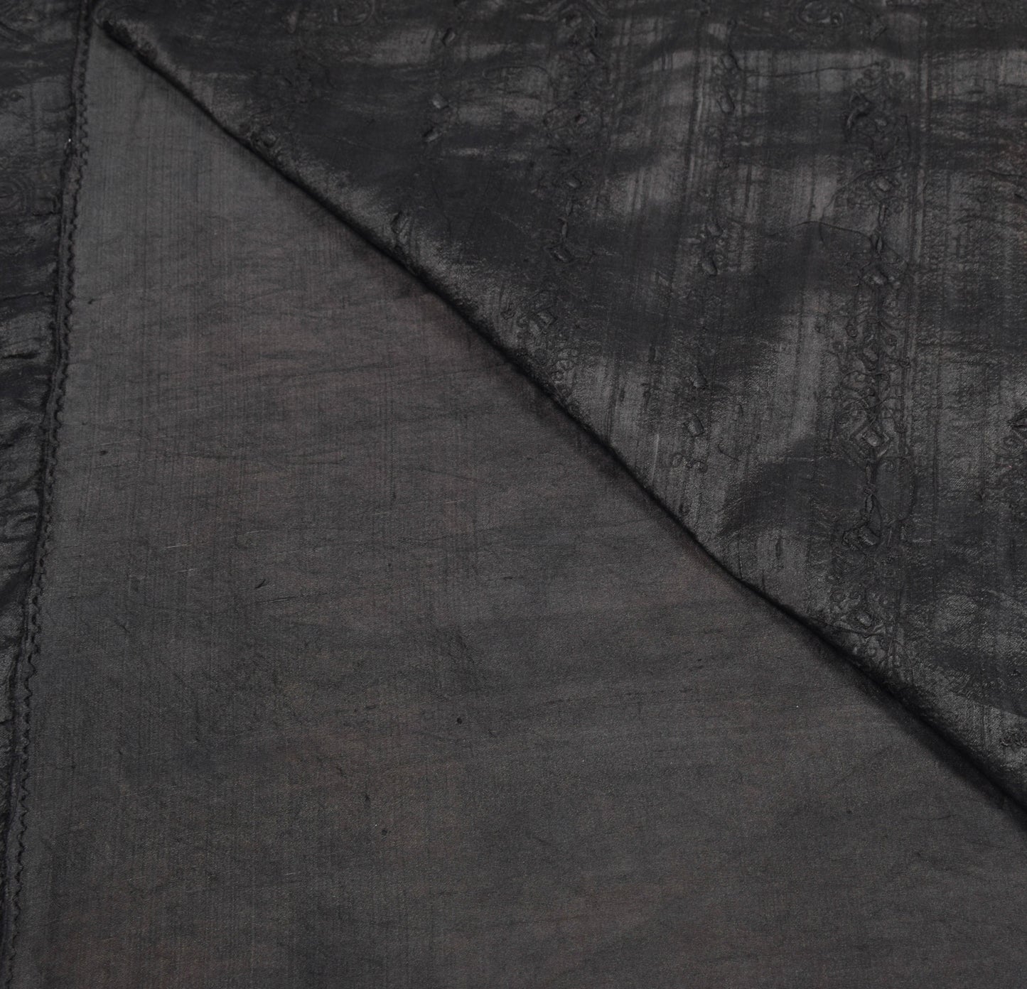 Sushila Vintage Black Embroidered Saree Pure Khadi Silk HEAVY Sari Craft Fabric