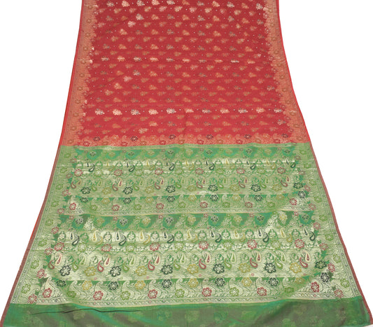 Sushila Vintage Red Green Wedding Saree Pure Silk All Over Woven Sari Craft Fabric