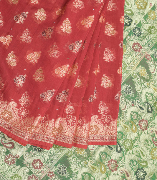 Sushila Vintage Red Green Wedding Saree Pure Silk All Over Woven Sari Craft Fabric
