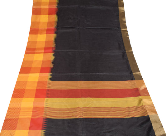 Sushila Vintage Black Art Silk Saree Woven Checks 6YD Sari Craft Fabric