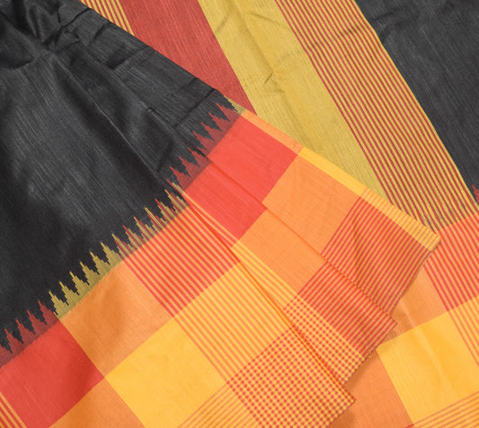 Sushila Vintage Black Art Silk Saree Woven Checks 6YD Sari Craft Fabric