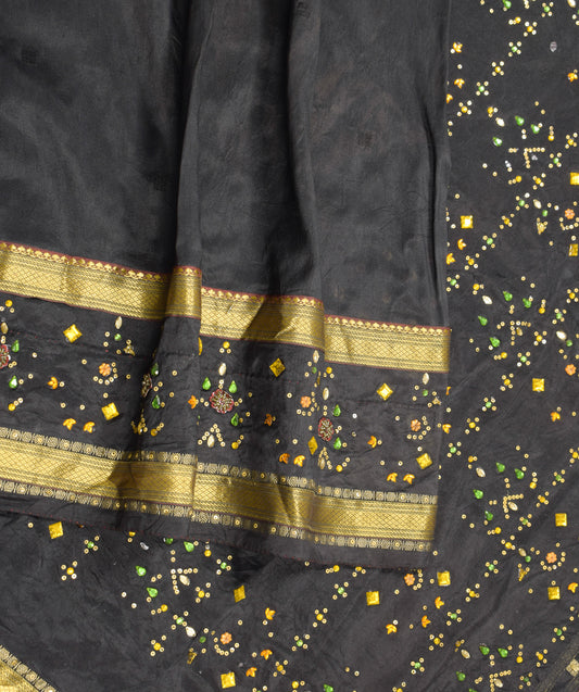 Sushila Vintage Pure Silk Black Saree Sequins Rhine Stone Beaded Sari Craft Fabric