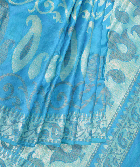Sushila Vintage Sky Blue Saree Woven Pure Tussar Silk Paisley 6YD Sari Craft Fabric
