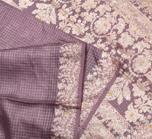 Sushila Vintage Mauve Saree Woven Sequins Work Pure Tussar Silk Sari Craft Fabric
