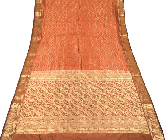 Sushila Vintage Dark Rust Saree Zari Woven Banarasi Art Silk Sari Craft Fabric