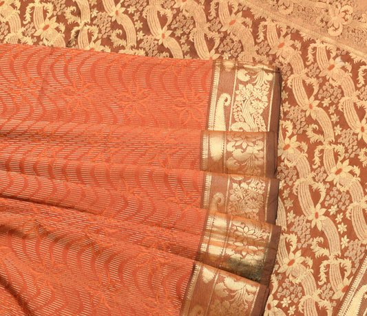 Sushila Vintage Dark Rust Saree Zari Woven Banarasi Art Silk Sari Craft Fabric