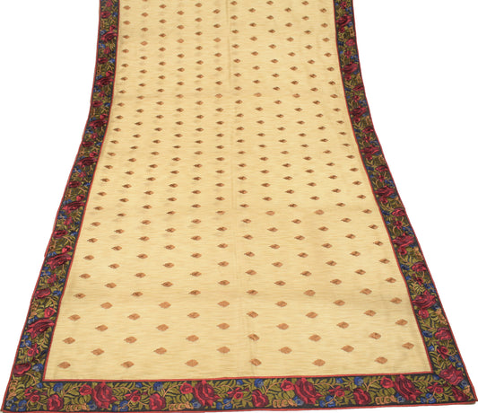 Sushila Vintage Light Brown Saree Floral Embroidered Art Silk Sari Craft Fabric