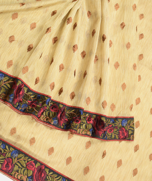 Sushila Vintage Light Brown Saree Floral Embroidered Art Silk Sari Craft Fabric