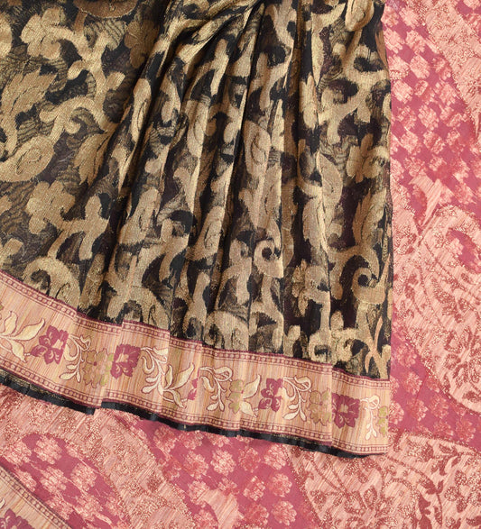 Sushila Vintage Black Art Silk Saree Zari Brocade 6YD Sari Craft Fabric