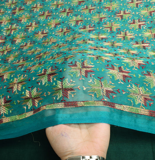 Sushila Vintage Bagh Phulkari Saree Art Chiffon Silk Teal Green 6 Yard Sari Craft Fabric
