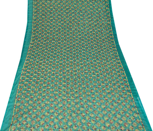 Sushila Vintage Bagh Phulkari Saree Art Chiffon Silk Teal Green 6 Yard Sari Craft Fabric