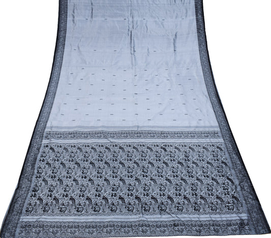 Sushila Vintage Pure Silk Gray Saree Peacock Woven Handloom Sari Craft Fabric