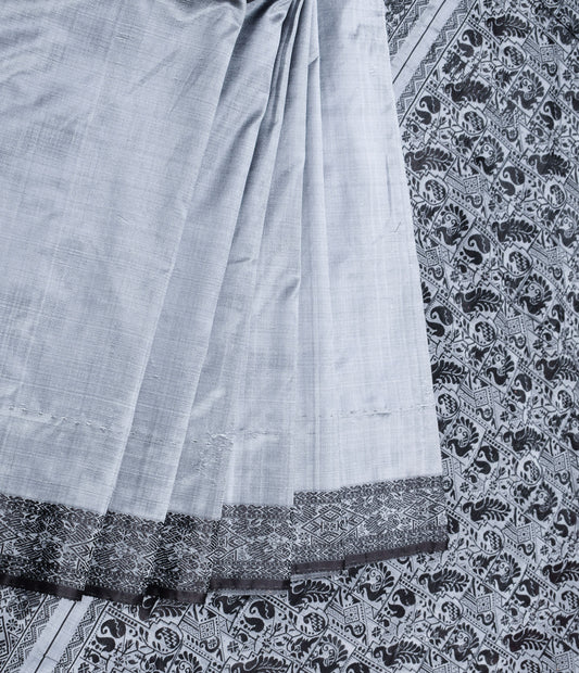 Sushila Vintage Pure Silk Gray Saree Peacock Woven Handloom Sari Craft Fabric