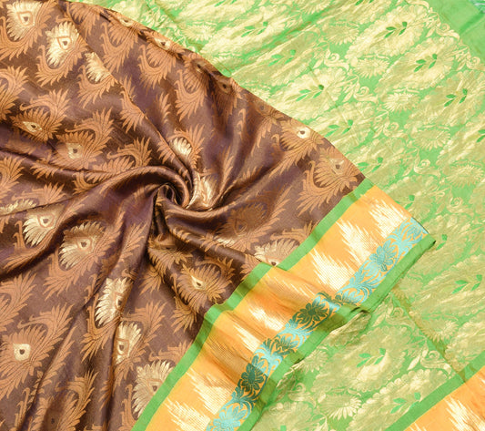 Sushila Vintage Brown HEAVY Saree Pure Silk Woven Gold Brocade Sari Craft Fabric