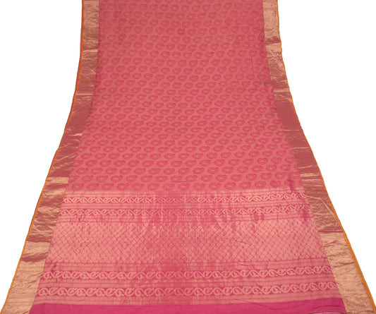 Sushila Vintage Pink Saree Pure Cotton Silk Woven Zari Brocade Sari Craft Fabric