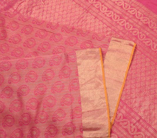 Sushila Vintage Pink Saree Pure Cotton Silk Woven Zari Brocade Sari Craft Fabric