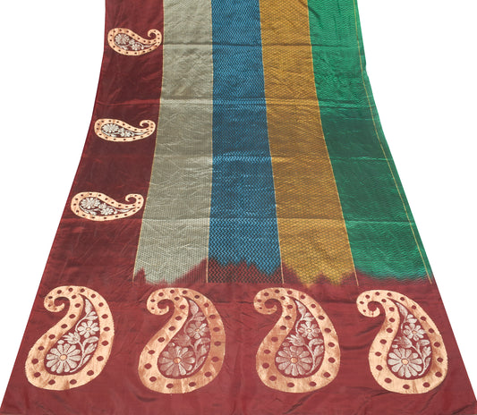 Sushila Vintage Multi-Color Saree Pure Silk Paisley Woven Soft Sari Craft Fabric