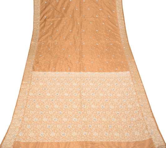 Sushila Vintage Peach Saree Pure Silk Woven Sequins Work Soft Sari Craft Fabric
