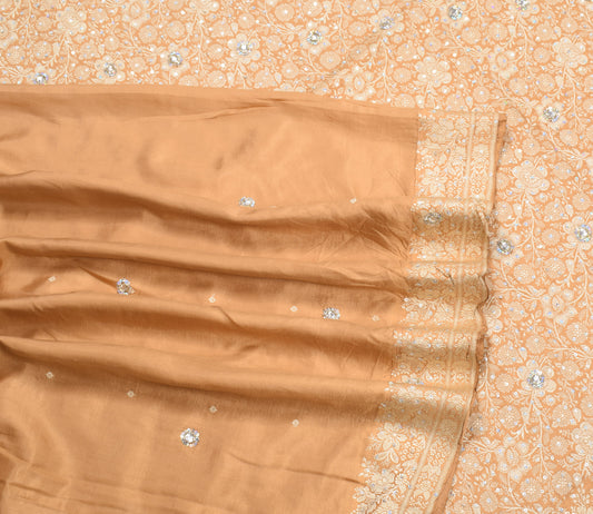 Sushila Vintage Peach Saree Pure Silk Woven Sequins Work Soft Sari Craft Fabric