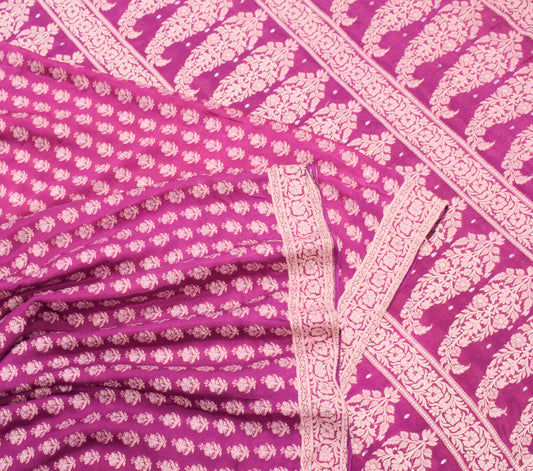 Sushila Vintage Pure Banarasi Chiffon Saree Magenta Wove Handloom Sari Fabric