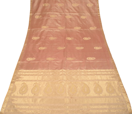 Sushila Vintage Beige & Red Saree Pure Silk Woven Zari Brocade Sari Craft Fabric