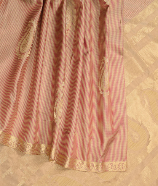 Sushila Vintage Beige & Red Saree Pure Silk Woven Zari Brocade Sari Craft Fabric