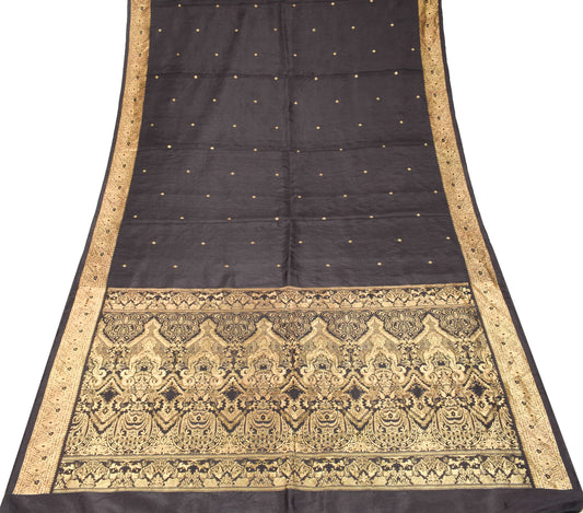 Sushila Vintage HEAVY Zari Saree Pure Silk Black Brocade Sari Craft Fabric
