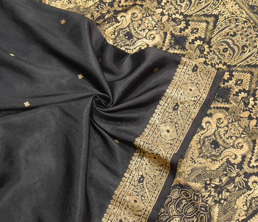 Sushila Vintage HEAVY Zari Saree Pure Silk Black Brocade Sari Craft Fabric