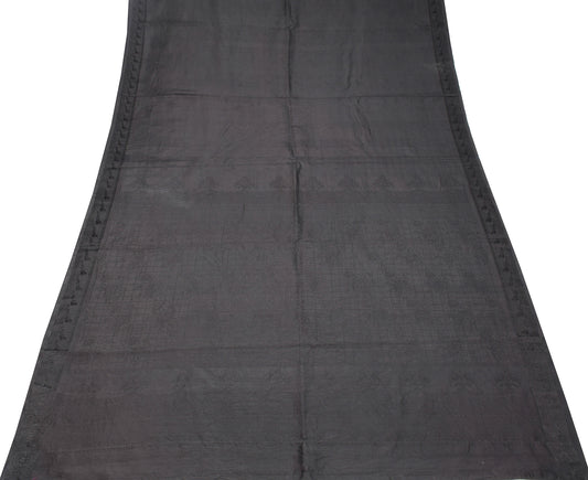 Sushila Vintage Black HEAVY Saree Pure Silk Woven Birds Sari Craft Fabric