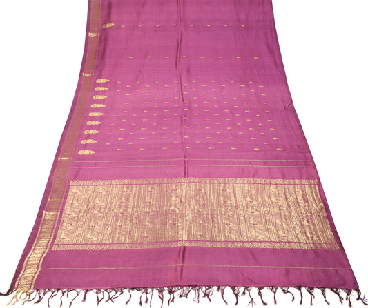 Sushila Vintage Pure Kanchipuram Silk Saree Gold Zari Woven Purple Sari Fabric