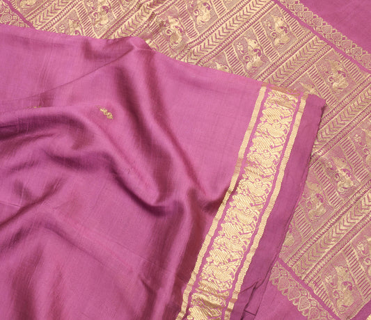 Sushila Vintage Pure Kanchipuram Silk Saree Gold Zari Woven Purple Sari Fabric