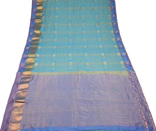 Sushila Vintage Blue Green Saree Pure Banarasi Silk Woven Brocade Soft Sari Fabric