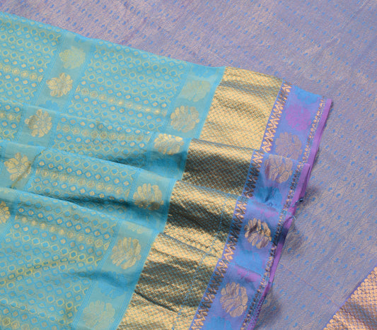 Sushila Vintage Blue Green Saree Pure Banarasi Silk Woven Brocade Soft Sari Fabric
