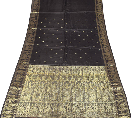 Sushila Vintage Black Baluchari Saree Zari Brocade Pure Silk Sari Craft Fabric