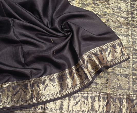 Sushila Vintage Black Baluchari Saree Zari Brocade Pure Silk Sari Craft Fabric