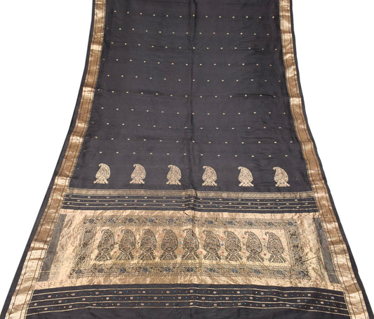 Sushila Vintage Pure Banarasi Silk Saree HEAVY Zari Work Black Sari Craft Fabric
