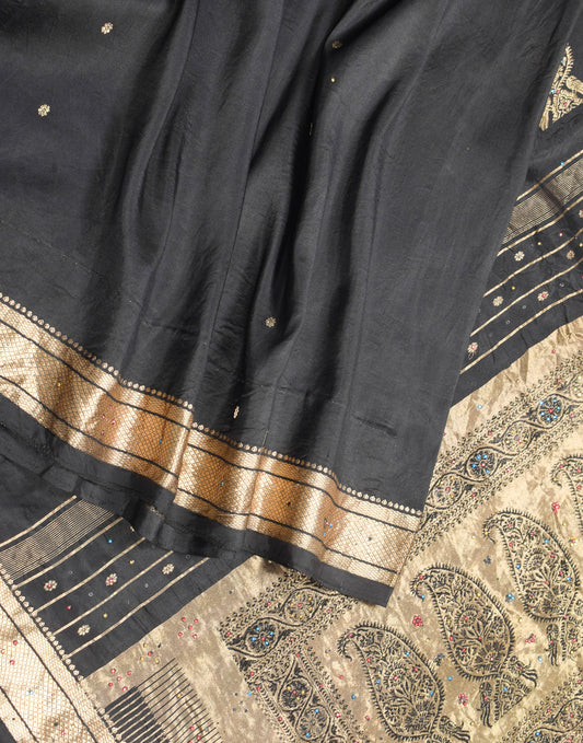 Sushila Vintage Pure Banarasi Silk Saree HEAVY Zari Work Black Sari Craft Fabric