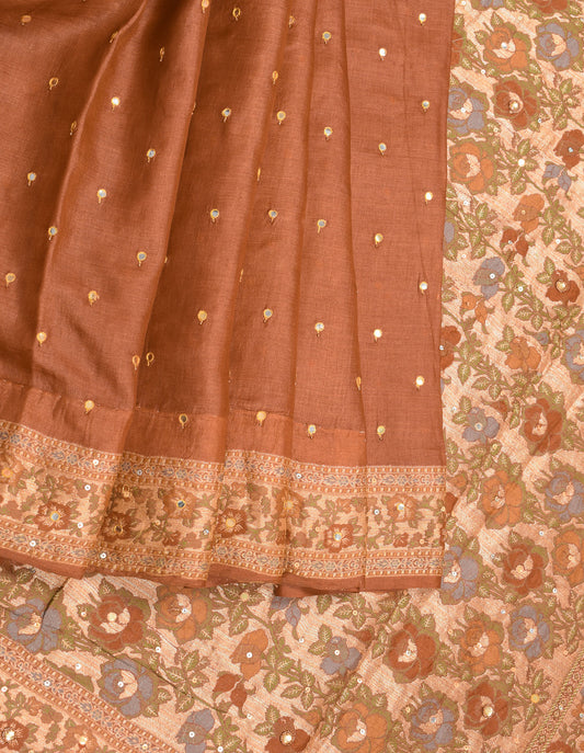 Sushila Vintage Rust Tussar Silk Saree Woven & Mirror Work Sari Craft Fabric
